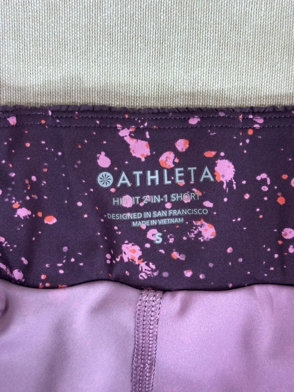 Athleta Hit It 2 In 1 Shorts Purple Splatter Lined Running Athletic Sz S